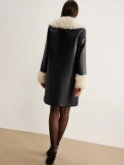 Feather Collar Faux Leather Jacket Without Belt