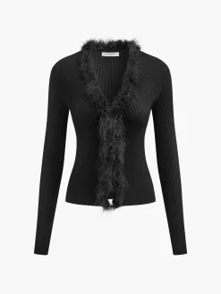 Feather Trim Wool-Blend Slim Sweater