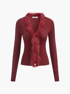 Feather Trim Wool-Blend Slim Sweater