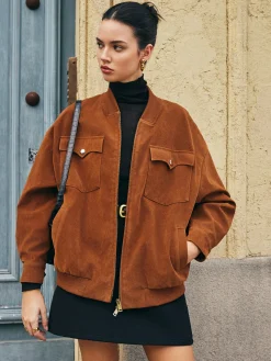Flap-Pockets Zipper Suede Jacket