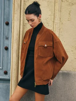Flap-Pockets Zipper Suede Jacket