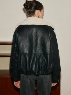 Fleece Lined Faux Leather Zipper Coat