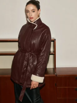 Fleecing PU Leather Belted Jacket