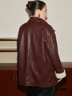 Fleecing PU Leather Belted Jacket
