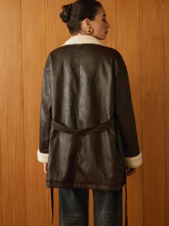 Fleecing PU Leather Belted Jacket