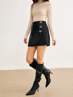 Floral Decor Faux Leather Panel Skirt