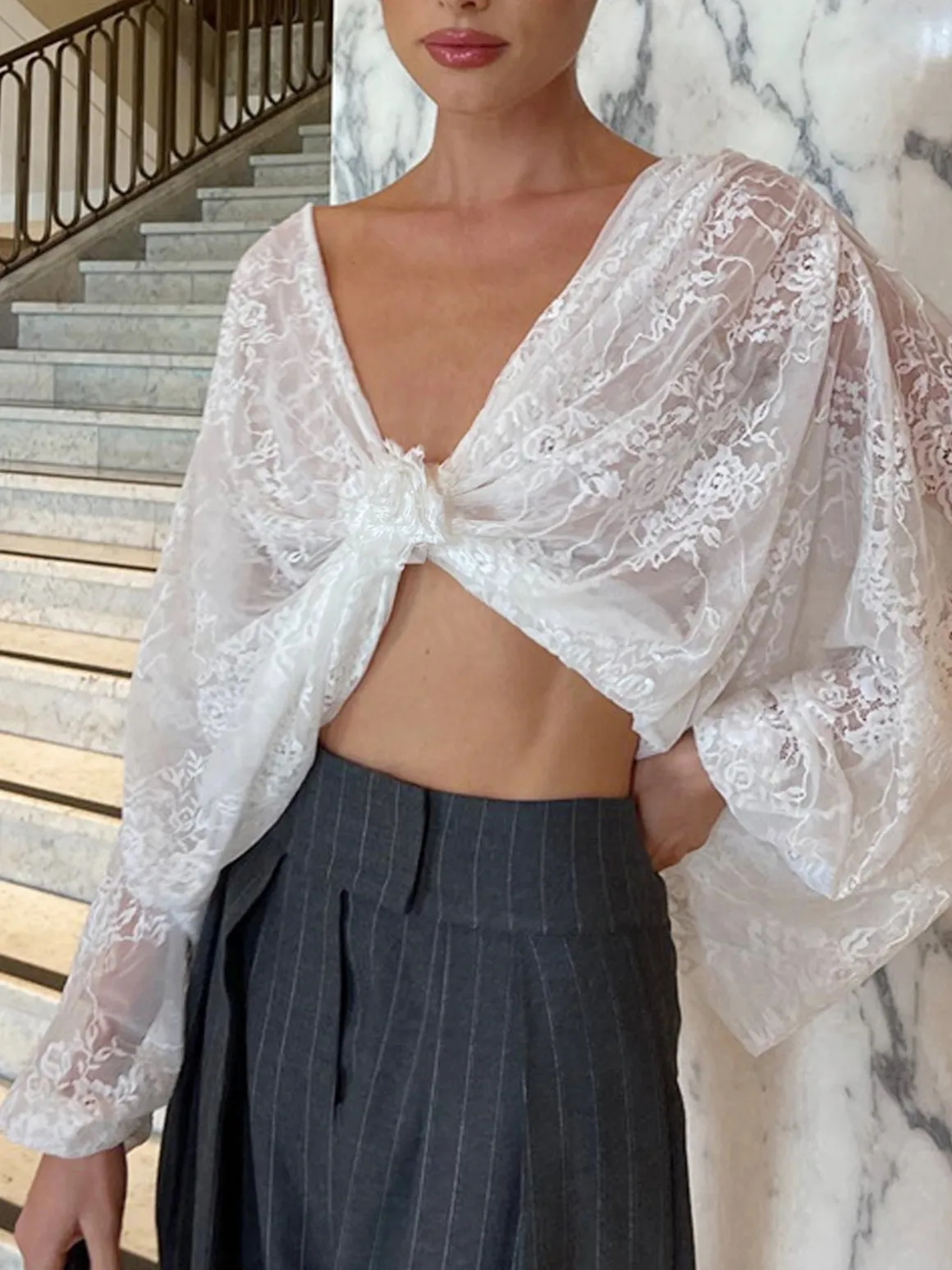 Floral Decor Twisted Lace Semi-sheer Blouse