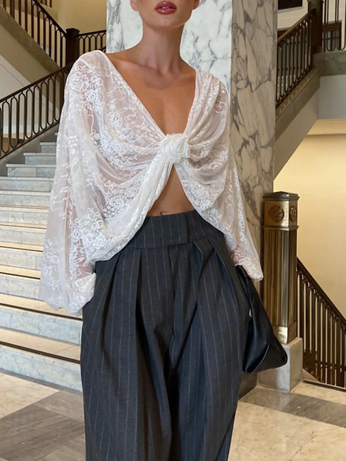 Floral Decor Twisted Lace Semi-sheer Blouse