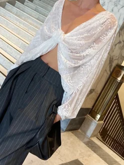 Floral Decor Twisted Lace Semi-sheer Blouse