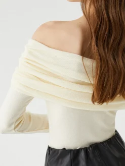 Floral Detail Overfold Off-Shoulder Knit Top