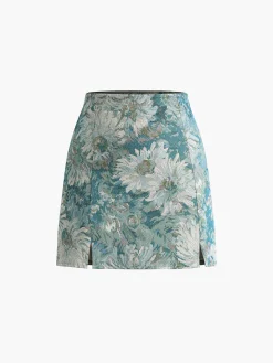 Floral Embroidery Split Mini Skirt