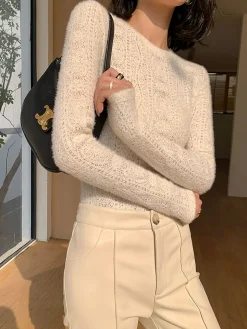 Floral Hollow Knit Crew Neck Long Sleeve Top