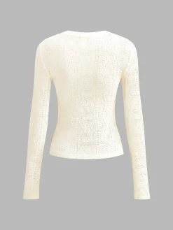 Floral Hollow Knit Crew Neck Long Sleeve Top