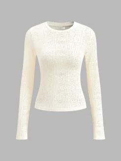 Floral Hollow Knit Crew Neck Long Sleeve Top