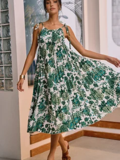 Floral Pleated Knotted Midi Dress