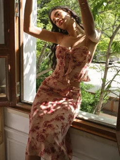 Floral Print Chiffon Spaghetti Strap Skirt Set
