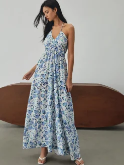 Floral Print Halter Long Dress