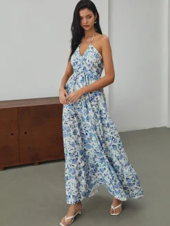 Floral Print Halter Long Dress