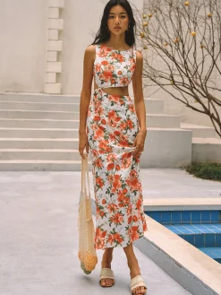 Floral Print Knotted Cutout Split Long Dress