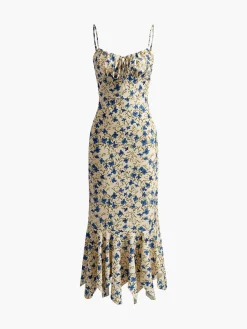 Floral Print Knotted Irregular Hem Long Dress