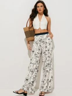 Floral Print Pockets Wide Leg Pants