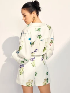 Floral Printed Lapel Long Sleeve Shorts Set