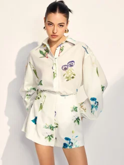 Floral Printed Lapel Long Sleeve Shorts Set