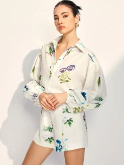Floral Printed Lapel Long Sleeve Shorts Set