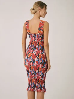 Floral Ruffle Shirred Midi Dress
