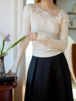 Floral-Decor Ribbed Slim T-Shirt