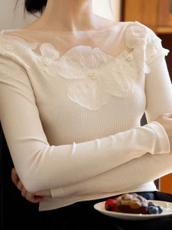 Floral-Decor Ribbed Slim T-Shirt