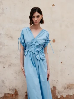 Flower Drawstring V-Neck Long Dress