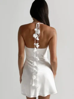 Flower Stripe Backless Halter Short Dress
