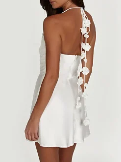 Flower Stripe Backless Halter Short Dress