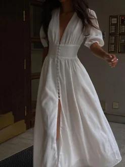 Frenchy Button Split Long Dress