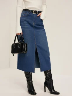 Front Split Denim Skirt Without Belt