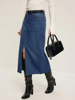 Front Split Denim Skirt Without Belt