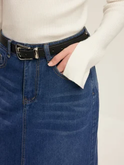 Front Split Denim Skirt Without Belt