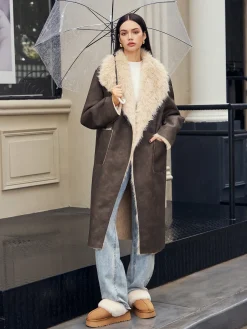 Fuzzy Lined Faux Leather Winter Coat