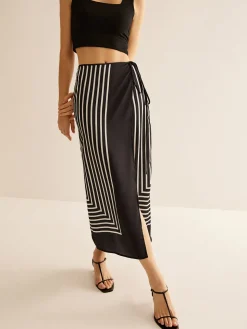 Geometric Pinstripe Satin Wrap Tie Skirt