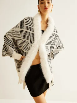 Geometric Striped Tassel Knit Minky Shawl