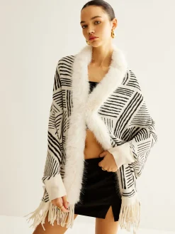 Geometric Striped Tassel Knit Minky Shawl