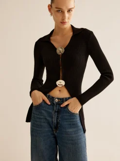 Glossy-Ring Ribbed Slim Cardigan