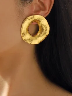 Gold Textured Metal Round Stud Earrings
