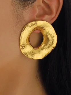 Gold Textured Metal Round Stud Earrings