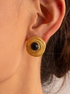Golden Black Onyx Hoop Earrings