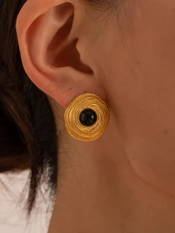 Golden Black Onyx Hoop Earrings
