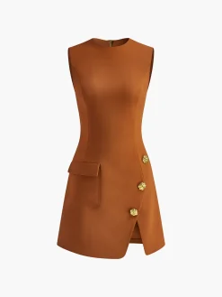 Golden Rose Button Pocket Split Dress