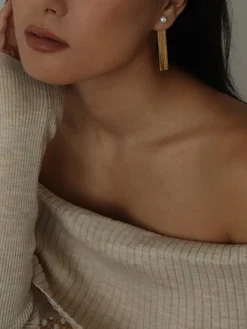 Golden Tassel Pearl Stud Earrings