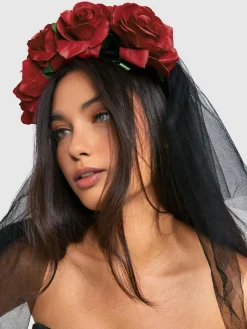 Halloween Rose Flower Black Mesh Headband